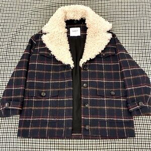 NWT BA&SH MIDNIGHT BLUE PLAID COAT W/ FAUX FUR COLLAR